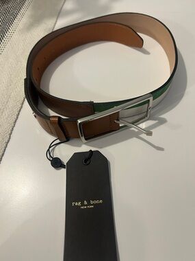 rag & bone Brown Leather Belt with Green Stripe and Silver Buckle